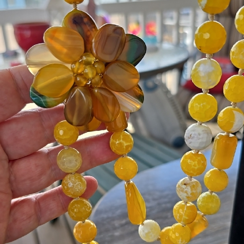 Artisan Gemstone Yellow,Green+Brown Necklace 14" +Flower Gemstone Focal Pendent!